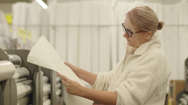 Woman choosing wallpaper roll in home improvement store while planning apartment interior renovation