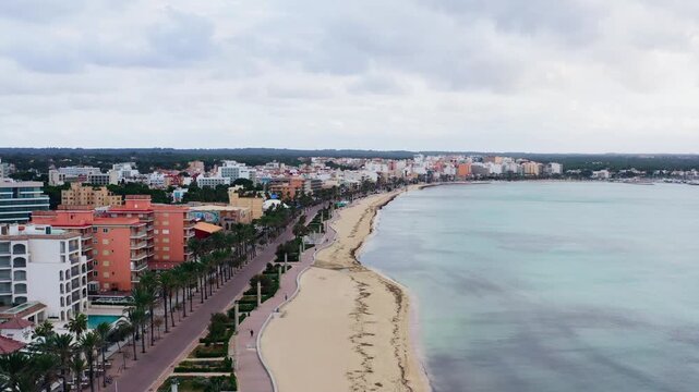 Aerial view of Can Pastilla Mallorca Spain with sandy beaches coastal cityscape tourist landmarks relaxation destination and summer travel in Europe
