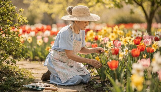 Senior East Asian woman gardening in a vibrant spring flower bed filled with colorful tulips and daffodils. Wearing a straw hat and floral apron, she kneels on a stone path to tend her lush garden.