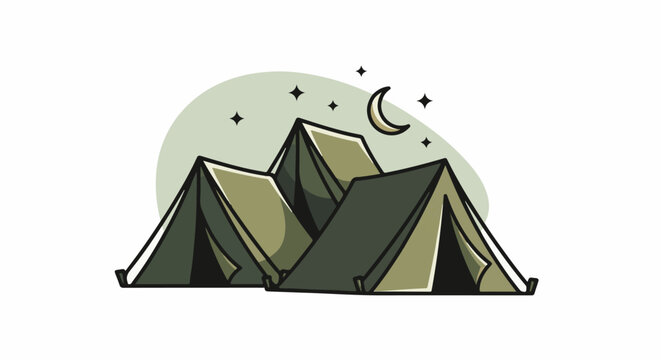Stylized illustration of tents at night under a moon and stars