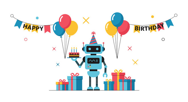 Friendly robot holds a birthday cake while standing among many colorful gift boxes and balloons to celebrate a fun futuristic themed party event.