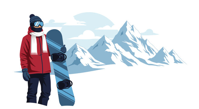 Winter sports enthusiast in warm red gear and goggles holds his snowboard against a breathtaking backdrop of majestic snow capped mountain peaks.