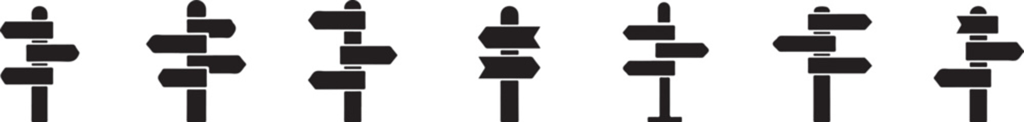 Wooden Signpost Icon Set Direction Board Navigation Arrow Road Sign Guidepost Silhouette Vector Illustration Collection © MD