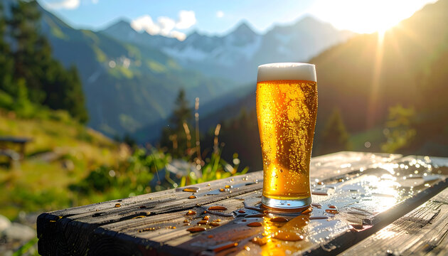 Blonde lager glass with condensation droplets sitting on a wooden bench reflecting a mountain panorama under bright morning sunlight lifestyle generative AI