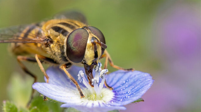acro shot of a hoverfly feeding on a small blue wildflower in a garden
