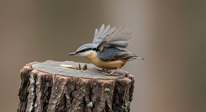 Eurasian Nuthatch bird landing on a tree stump.