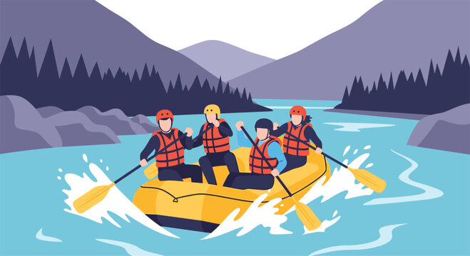 Group of four people in life jackets and helmets paddling a yellow raft down a river through a scenic forest and mountain valley.