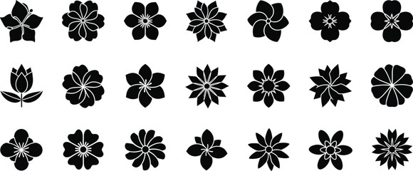 Black floral 20 flower silhouettes on white background, flowers © Graphic Shops
