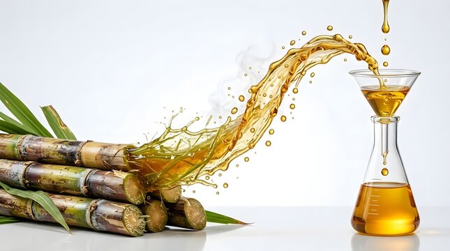 Sugarcane juice splash with laboratory flask refining process natural sweetener concept