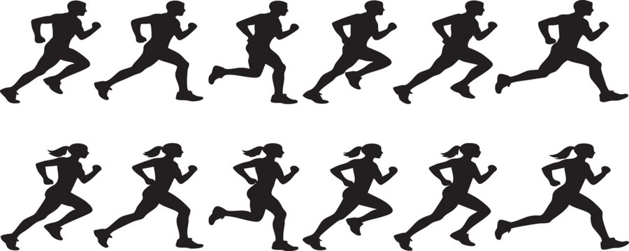 Set of ten black running silhouettes in repeated mid-stride motion isolated on white background for fitness and sports themes
