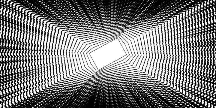 abstract optical illusion tunnel, black and white hypnotic wavy contour lines forming a distorted rectangular vortex