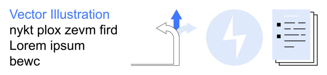 Directional planning, energy systems, digital organization, workflow management, information sharing, guidance. Arrow turning upward, lightning bolt stacked papers. Directional planning and energy © robu_s