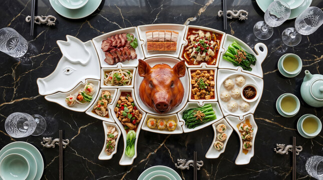 High angle shot of a majestic Chinese banquet platter shaped like a pig with roasted suckling pig head