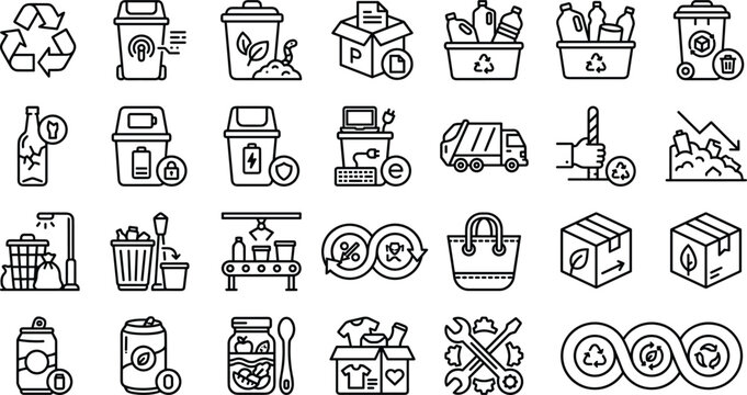 Recycling and Waste Management Line Icons Set for Eco Friendly Packaging Sustainability and Circular Economy Concepts