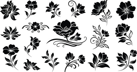 Black floral silhouettes, 15 flower on white background, flowers © Graphic Shops