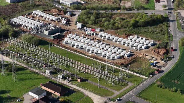 Aerial View of 110 kV Substation with Battery Storage Construction Site &ndash; Renewable Energy Storage, Grid Stabilization and Energy Transition Infrastructure