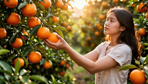 A girl gently picks oranges from a tree in an orange orchard. The bright oranges dangle amid lush green leaves, showcasing the girl&rsquo;s careful selection of ripe fruit.