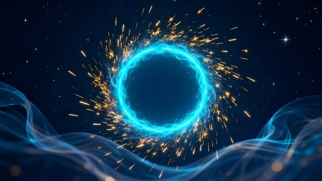 Blue glowing ring with sparks in space