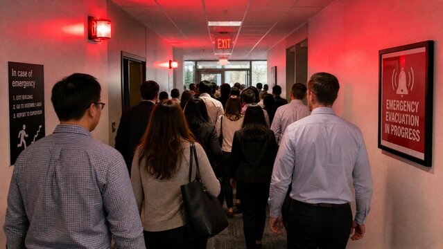 Emergency Evacuation Drill in Modern Office Hallway with Red Warning Lights and People
