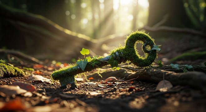 Moss covered key in forest with sunlight and foliage detailed macro shot