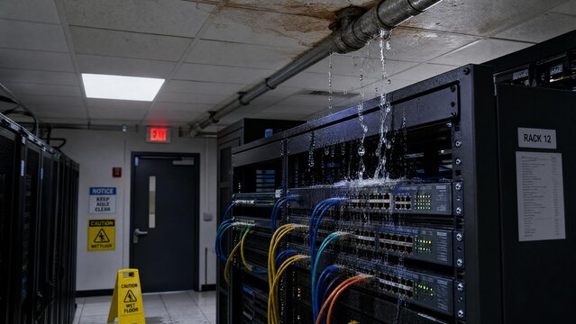 Water Leak Disaster in Data Center: Leaking Pipe Flooding Server Rack and Network Equipment