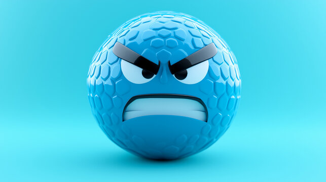Angry blue golf ball character with aggressive face expression on blue background with copy space