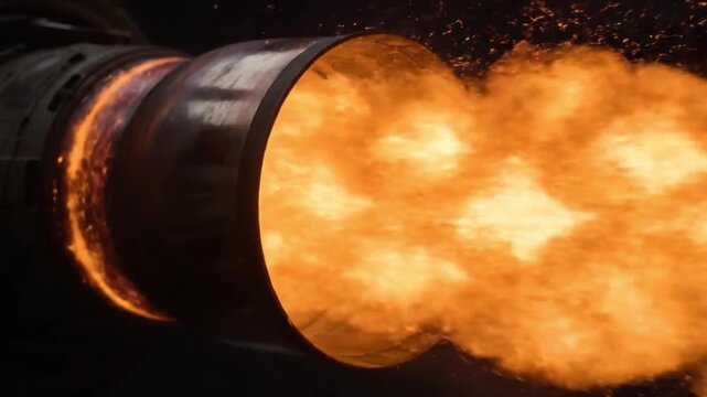 Extreme Close Up of Rocket Engine Nozzle with Fire and Burning Fuel During Launch Propulsion