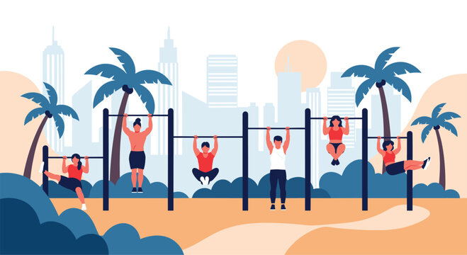 Group of fit people practicing street workout on pull-up bars in a city park during a beautiful sunset at beach.