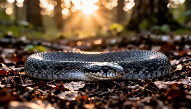 A black snake lies on the forest floor, surrounded by fallen leaves. The snake's scales glisten in the sunlight filtering through the trees.