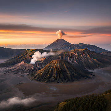 Mount Bromo volcano landscape during sunrise with smoke.