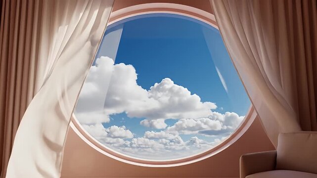 Bright Circular Window Framing a Skyful of Clouds in a Cozy Living Room