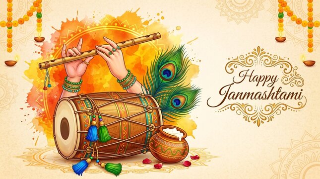 Happy Janmashtami banner with Krishna's flute, dhol, and dahi handi.