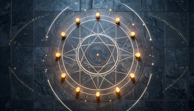 Top View Halloween Ritual Circle with Symmetrical Candles and Mystic Symbols