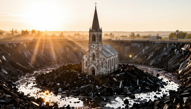 The church stands isolated in a deep pit, surrounded by dark debris and water. Sunlight beams illuminate the scene, highlighting the church and the surrounding darkness.