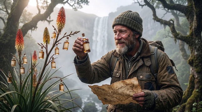 Curious Adventurer Examining Mysterious Plant with Elixir Bottles in Misty Forest Waterfall