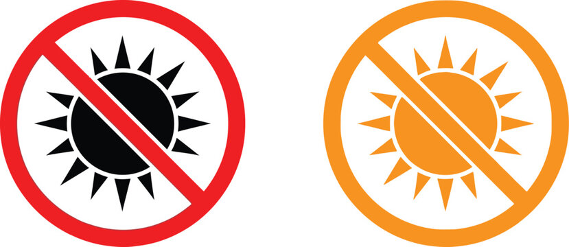 Sun forbidden sign icons with sun symbol crossed out in red and orange circles Vector