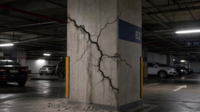 Massive Structural Crack on Concrete Pillar in Underground Parking Garage Basement