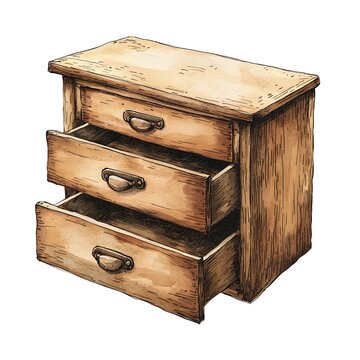 Wooden Chest of Drawers: An antique wooden chest of drawers, crafted with visible grain and simple metal handles, stands with two drawers open, revealing empty space within.