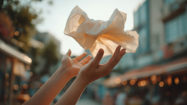 Hands reaching up to catch a napkin in a market at sunset with soft light and lively atmosphere