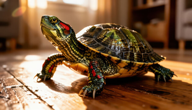 A turtle crawls across a wooden floor, illuminated by soft sunlight. The turtle's shell displays intricate patterns and colors, adding to the scene's warmth and charm.