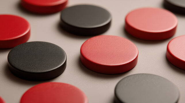 Red and black checkers chips laid out on a flat surface for playing a game strategy