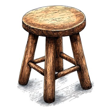 Rustic Wooden Stool Illustration: A charming hand-drawn illustration of a simple, three-legged wooden stool with a round seat and weathered texture, perfect for adding a touch of rustic appeal.