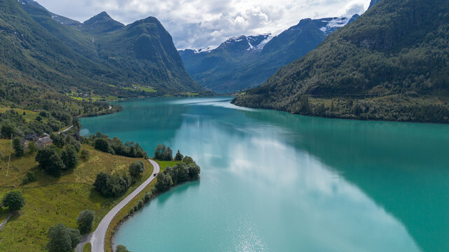 Panoramic View of Oldevatnet Lake and Mountains in Olden Norway