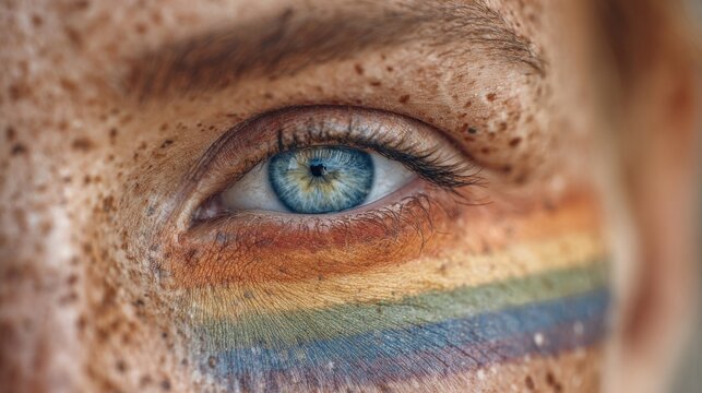 An extreme close-up of a person&rsquo;s blue eye and freckled skin, featuring a vibrant rainbow painted across the cheekbone just below the lower lid.