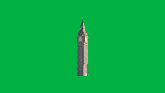 Big Ben clock tower isolated on green screen background