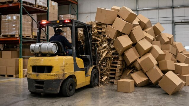 Warehouse Forklift Accident: Industrial Vehicle Crashing into Stack of Cardboard Boxes and Pallets