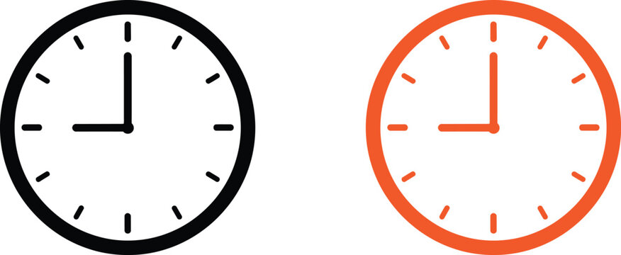 Black and orange clock icon set showing nine o clock time Vector