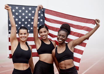 Obraz premium Winner, team and portrait of women with USA flag for winning marathon, competition and track event. Stadium, sports and people with banner to celebrate achievement, race champion and runner challenge