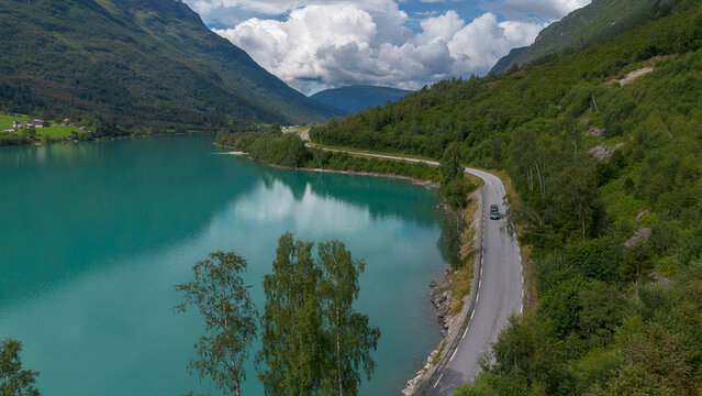 Scenic Lakeside Road by Oldevatnet in Stryn Norway