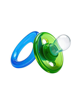 A vibrant green and blue pacifier rests against a stark black background, showcasing its smooth curves and playful design.
